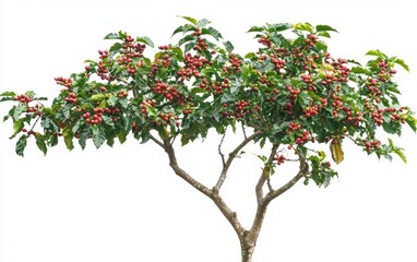 Obraz premium A coffee tree with clusters of red coffee cherries and green leaves isolated on a clean white backdrop