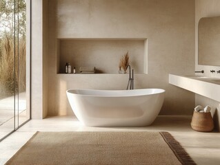 Minimalist Scandinavian Bathroom with Freestanding Bathtub and Natural Light