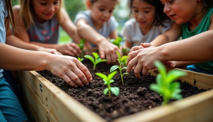 Children plant seedlings in garden bed. Hands-on learning about nature, growth. Teamwork, eco-friendly activities. Kids engaged, focused. Education, eco-conscious approach. Planting, growing.