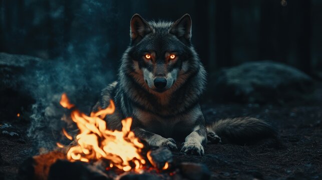 Gray wolf with glowing eyes beside a campfire in a dark forest at night.