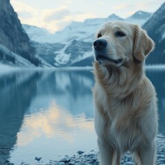 Golden Retriever by Serene Mountain Lake at Sunrise, Capturing Nature's Tranquility, Perfect Outdoor Setting with Mirror-like Water Reflection and Snowy Peaks