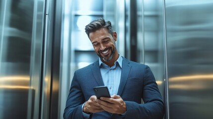 Smiling businessman using smartphone in elevator