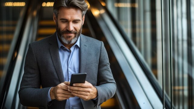 Businessman using smartphone on escalator in modern building