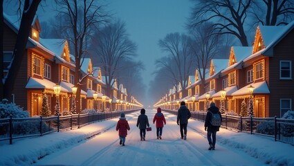 Fototapeta premium A family of five walks through a snow-covered neighborhood lined with beautifully lit houses, menorahs glowing warmly on porches, and a festive tree in the distance. Generative, AI,