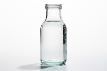 Clear glass bottle filled with water sitting on a table against a plain background