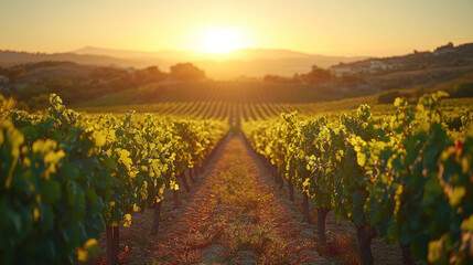 Top-down shot of a vineyard with neat rows of grapevines stretching into the horizon under soft sunlight