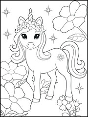 Black and White Unicorn Coloring Page for Kids. Cute, Hand-Drawn, Printable Activity Sheet with Cartoon Characters.
