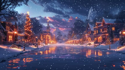 Obraz premium Snowy Christmas village scene with illuminated houses, a decorated tree, and a calm river reflecting lights.