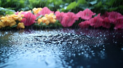 Closeup of vibrant flowers in the rain, water droplets reflecting light on wet petals