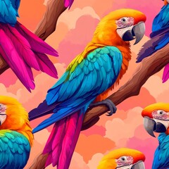 Fototapeta premium A vintage Victorian-styled watercolor seamless pattern that includes trees and parrots. The scene captures a bohemian jungle ambiance with branches adorned with birds like aras, toucans, and