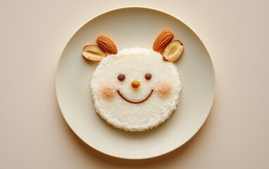 A dessert plate with a mouse face crafted from coconut pudding, almond slices for ears, and raisins for eyes on a pastel beige backdrop