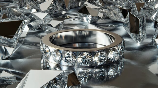 A platinum band with a sparkling diamond centerpiece placed on a reflective glass surface.