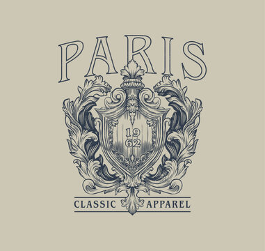 HAND DRAWN HERALDRY SHIELD COAT OF ARMS FRENCH PARIS ART NOUVEAU DECORATIVE RETRO VINTAGE TSHIRT TEE PRINT FOR APPAREL MERCHANDISE