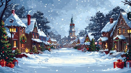 Snowy Christmas village street scene with houses, church, snow, gifts, and trees.