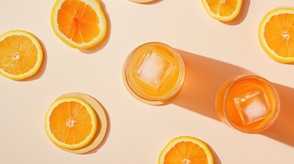 Refreshing summer beverage with citrus and ice on minimalist background for food and drink concepts