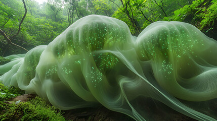 Enchanted Forest: Glowing Green Veil in Mystical Nature Scene