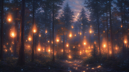 Enchanted Forest at Night with Glowing Lights and Sparkling Snow