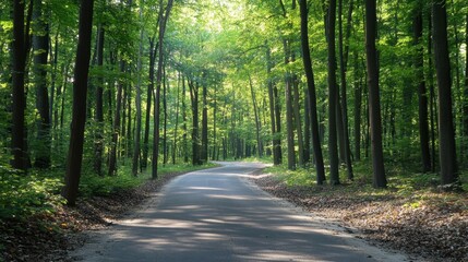 Obraz premium A serene forest road twisting through tall trees with sunlight streaming onto the pavement.