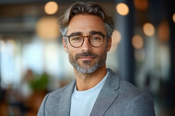 Obraz premium Confident Stylish Businessman Portrait Modern Office Attire Mature Executive Professional