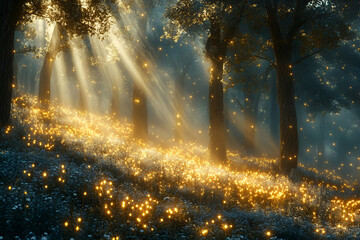 Enchanted Forest at Night with Golden Fireflies and Sunbeams