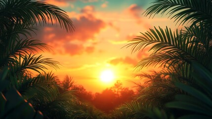 Obraz premium Tropical Sunset Through Palm Fronds A fiery sky painted with orange and peach hues peeks through the lush green fronds of a tropical paradise promising warmth and tranquility