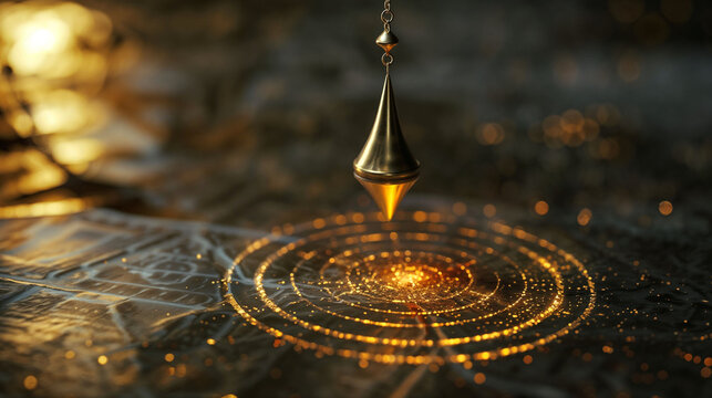 Golden pendulum creating luminous spiral patterns against dark background, mystical divination tool with glowing rings of light and magical atmosphere