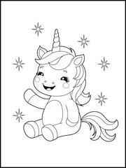 Black and White Unicorn Coloring Page for Kids. Cute, Hand-Drawn, Printable Activity Sheet with Cartoon Characters.
