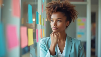A thoughtful young Black woman in a light blue blazer gazes out of a modern office, surrounded by vibrant sticky notes. Her expression reflects deep contemplation and creativity, embodying the spirit