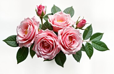 Fototapeta premium Delicate pink roses in floral arrangement. Beautiful floral design with soft pink petals, green leaves. Isolated on white background. Perfect for romantic occasions like weddings Valentine Day. Ideal