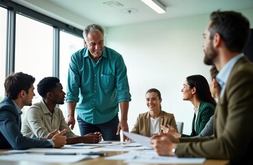 Diverse business team gathers in boardroom for productive meeting. Mature Caucasian CEO leads discussion on research plan with colleagues. Analyze documents, brainstorm strategies together.