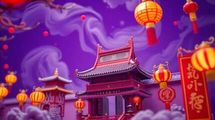 Fototapeta premium Enchanted Chinese Pavilion: Festive Lanterns and Purple Sky