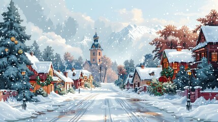 Snowy village street scene with church, houses, snow-covered trees, and mountains in background.