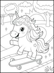 Black and White Unicorn Coloring Page for Kids. Cute, Hand-Drawn, Printable Activity Sheet with Cartoon Characters.  © laky