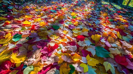 Obraz premium Colorful autumn leaves scattered on the ground in a forest path.