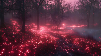 Enchanted Forest Path with Glowing Red Lights and Mysterious Fog at Night