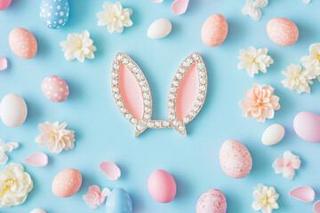 Cheerful Easter pattern with eggs and daisies on blue background