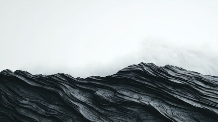   Monochrome picture of mountain peak with cloudy sky and distant airplane