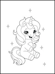 Black and White Unicorn Coloring Page for Kids. Cute, Hand-Drawn, Printable Activity Sheet with Cartoon Characters.
