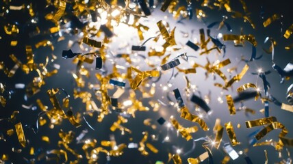 A vibrant burst of golden and silver confetti falling through the air, creating a festive atmosphere filled with excitement and joy.