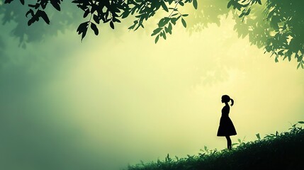   A girl in a dress stands before a tree with shining sun through leaves