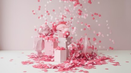 A whimsical arrangement of pink-themed gifts and confetti, creating a joyful, celebratory atmosphere filled with love and fun.