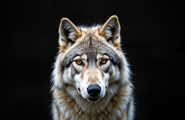Fototapeta premium Arctic wolf portrait on black background. Animal head, upper body shown. Wild look. Predator face closeup. Photo shows details of fur, eyes. Image perfect for nature lovers. Great for wildlife