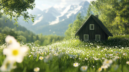 Fototapeta premium A photo of a house surrounded by daisies in a field, with majestic mountains in the backdrop