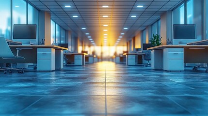 Fototapeta premium Empty Modern Office Space with Wet Floor, Reflecting Lights and City View