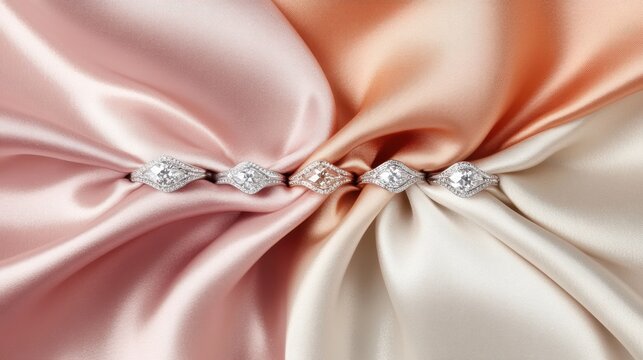 Flat lay of diamond rings in white, yellow, and rose gold settings displayed on a soft fabric backdrop.