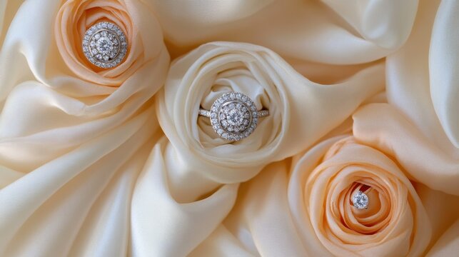Flat lay of diamond rings in white, yellow, and rose gold settings displayed on a soft fabric backdrop.