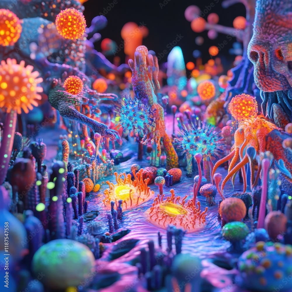 Poster vibrant microscopic landscape showcases glowing viruses in a colorful environment. generative ai