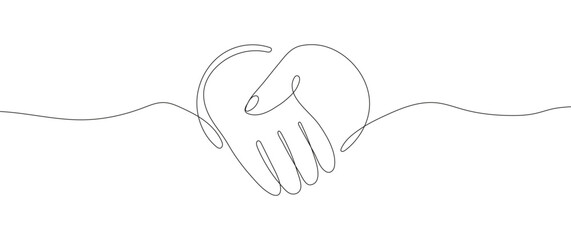 Continuous line drawing of a handshake in the shape of a heart, symbolizing love, support, and kindness.