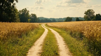 Naklejka premium A dirt road lined with tall grass on either side and surrounded by trees
