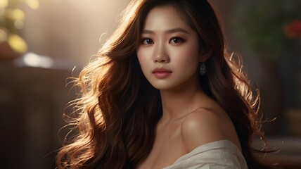 Naklejka premium Elegant Woman with Flowing Brown Hair: A Soft, Golden Portrait
